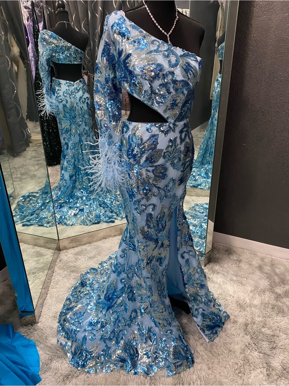 Amarra 88562 Light Blue Sequin One-Shoulder Prom Gown with Cutout size 6